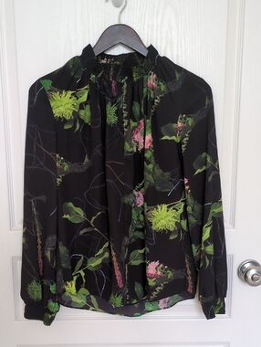 Aritzia Babaton Black Floral Smocked-Neck Long Sleeve Blouse